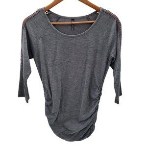 Massini Womens Embroidered 3/4 Sleeve Gray Ruched Blouse Top Sz S Scoop Neck